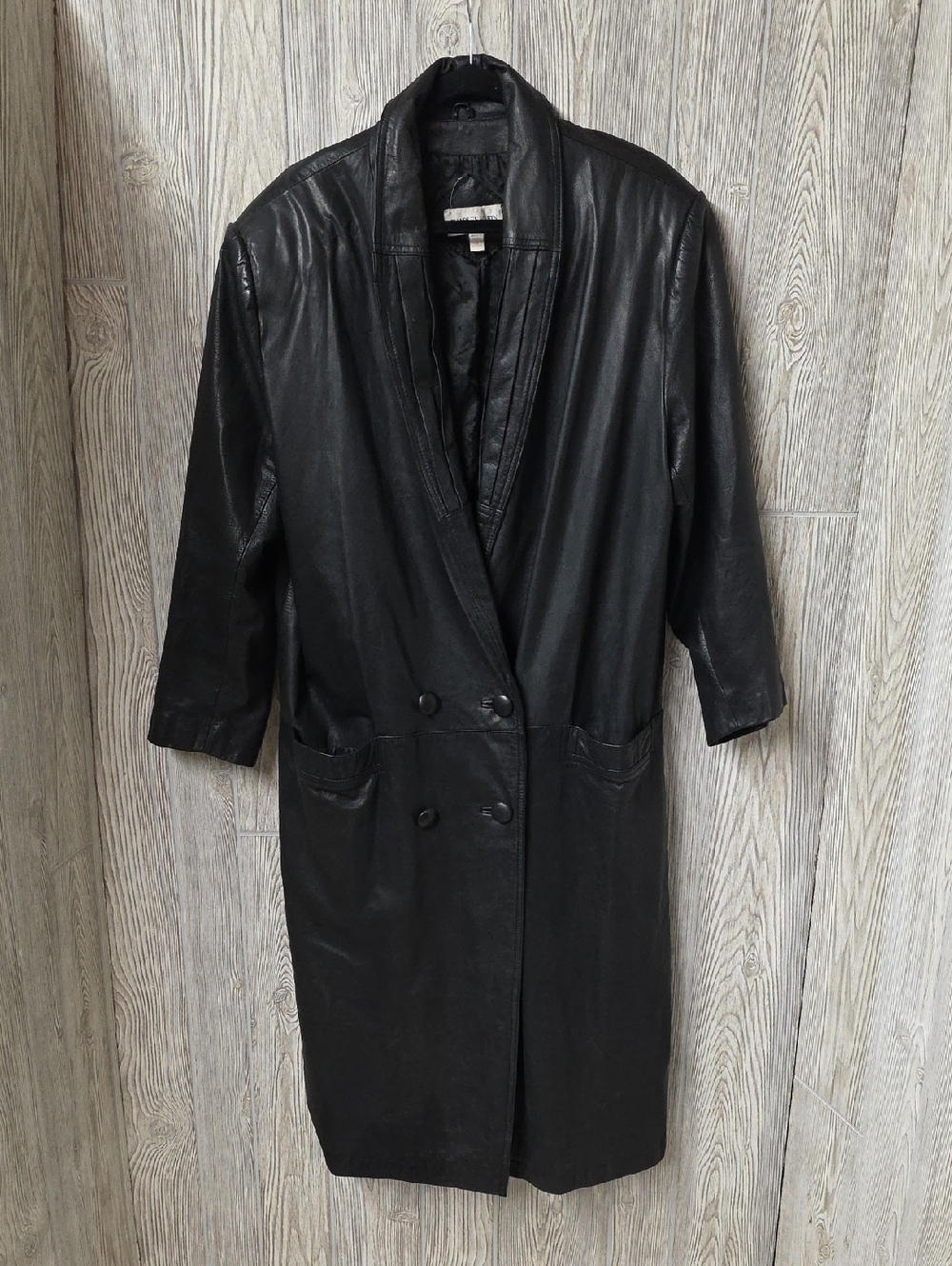 Charles Klein Vintage Leather Trench Coat Matrix Black Button Jacket Womens L